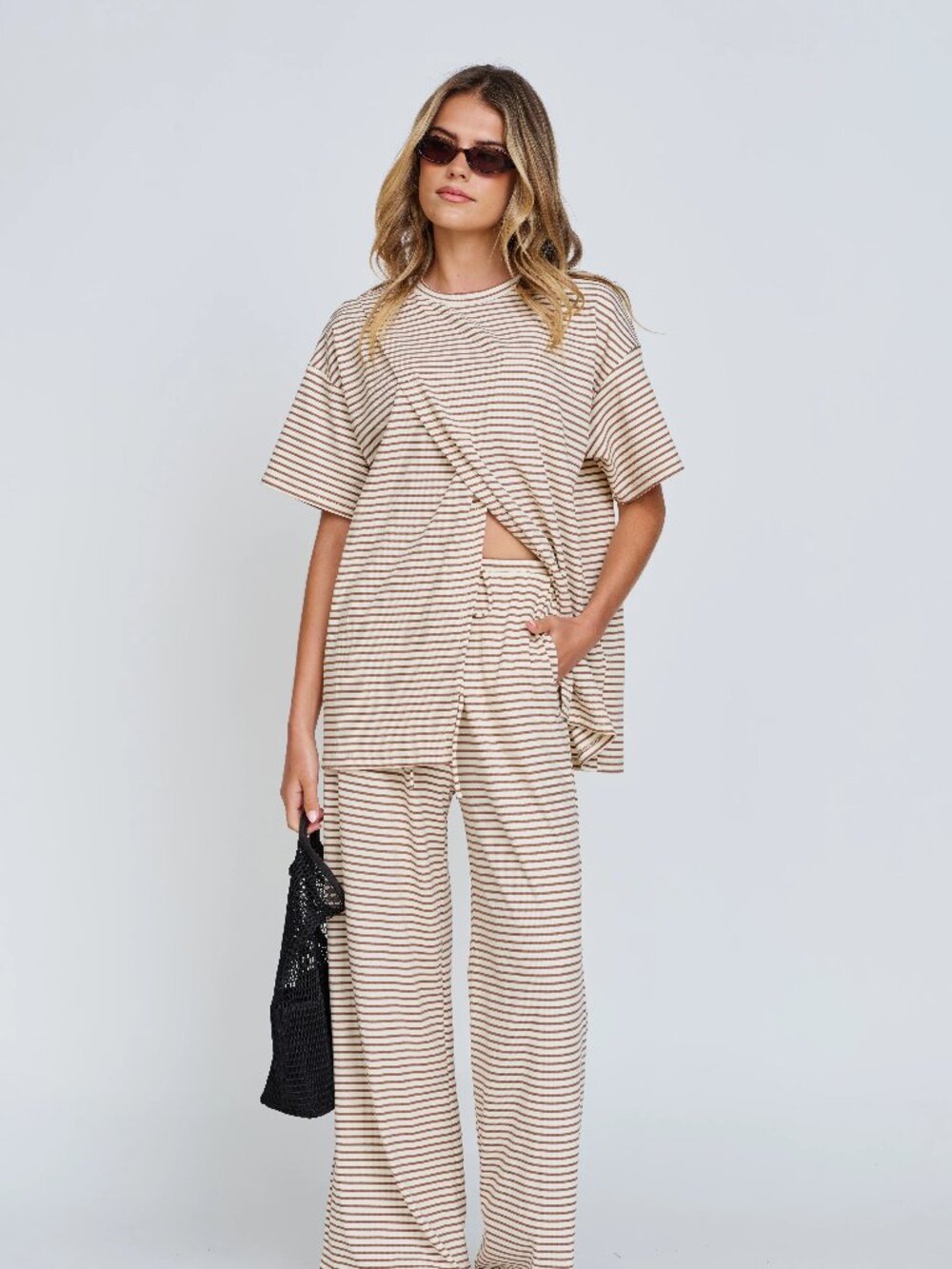 Ivy Stripe Longline Wrap Tee - Cream / Tan